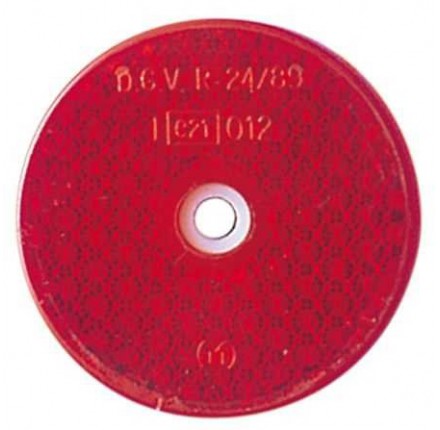 odblask, czerwony, okrągły, średnica 60 mm, z otworem montażowym, z homologacją EU